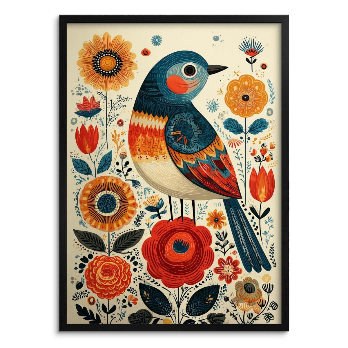 Plakat Ludowy- Kolorowy Ptak i Słoneczniki | Wiejski Styl, Cottage Core 82433