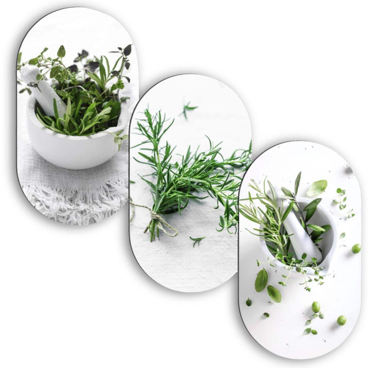 Nowoczesny Tryptyk do Kuchni - Świeże Zioła w Moździerzu | Obrazy Owalne 82402