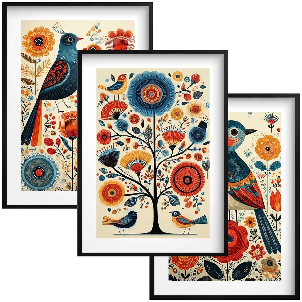 Kolorowe Plakaty Folk- Ptaki i Kwiaty | Tryptyk w stylu rustykalnym 82423