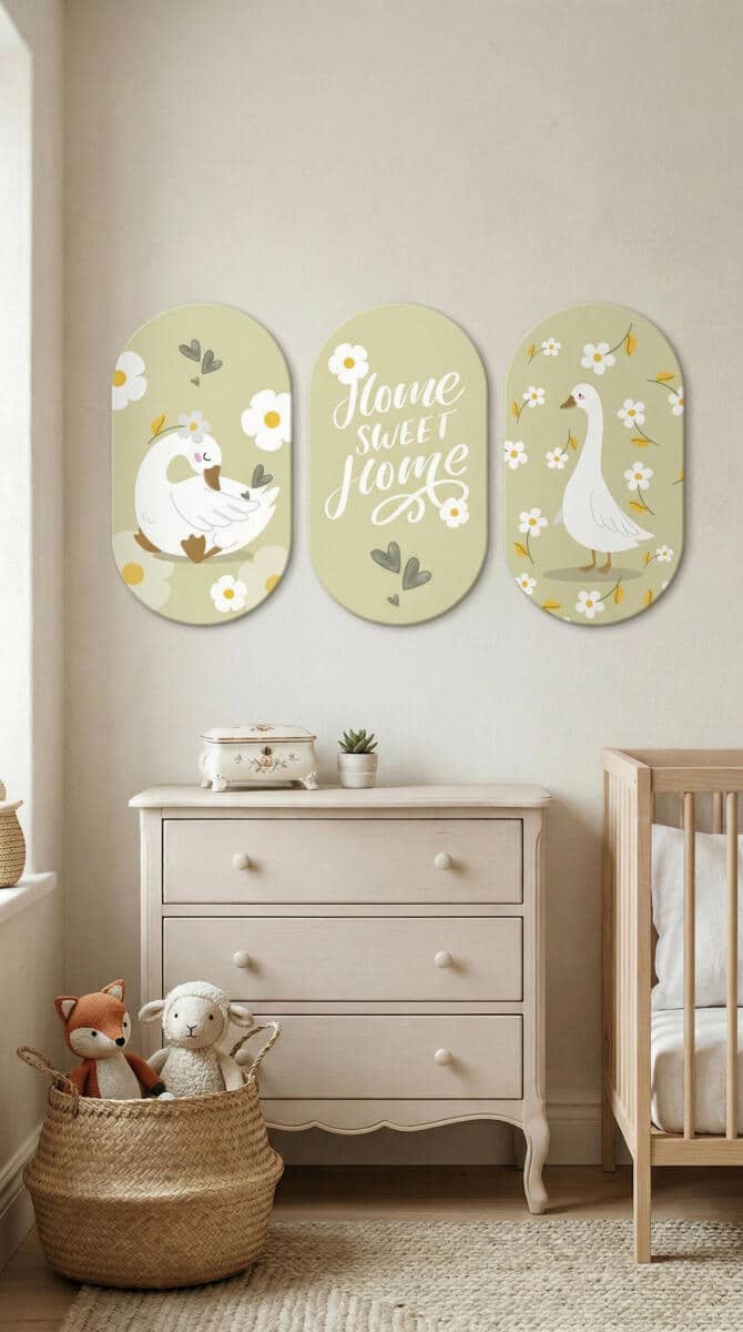 Urocze Obrazy Owalne- Wesołe Gąski | Sielski tryptyk na ścianę do pokoju dziecka 96003 - zdjęcie 6