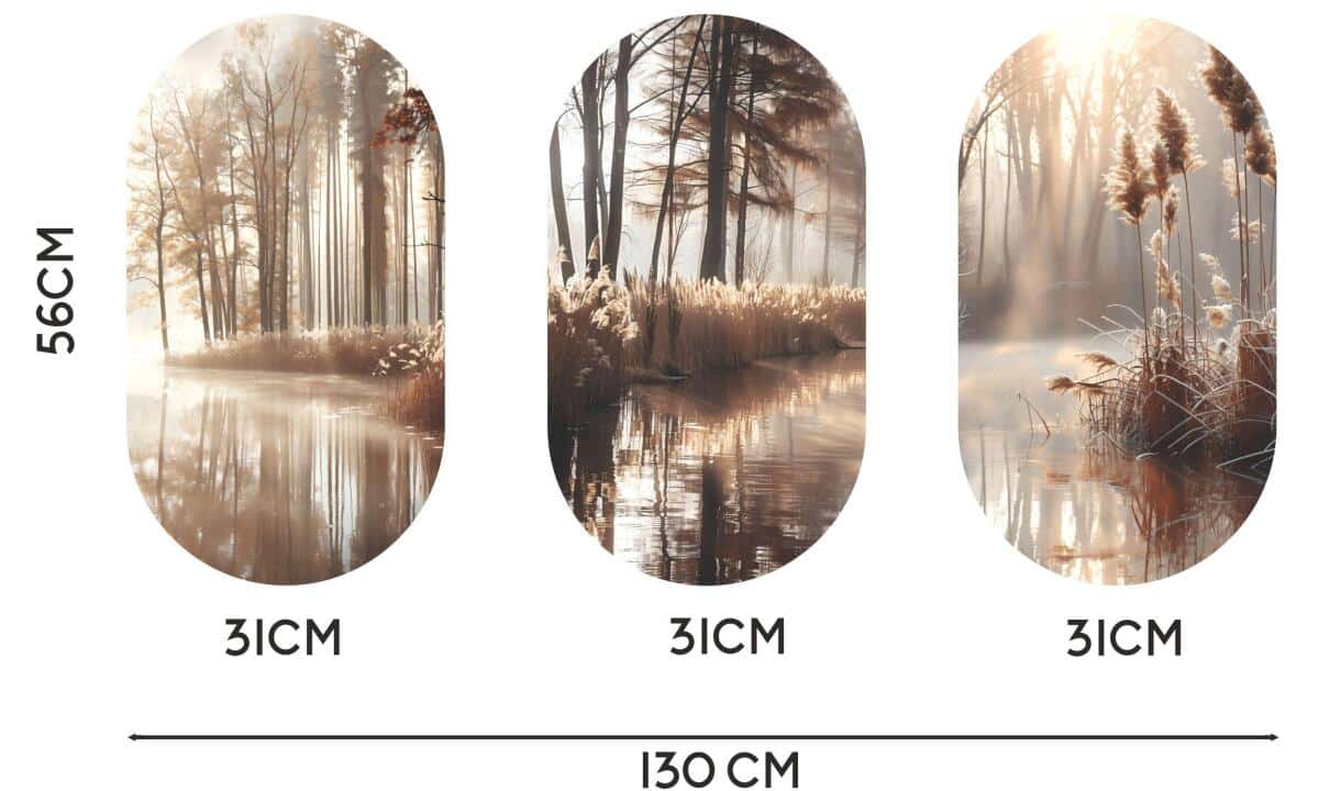 Obrazy Owalne, Tryptyk- Jezioro we mgle | Jesienny las i złote trzciny | Dekoracja ścienna do salonu 82403 - zdjęcie 7