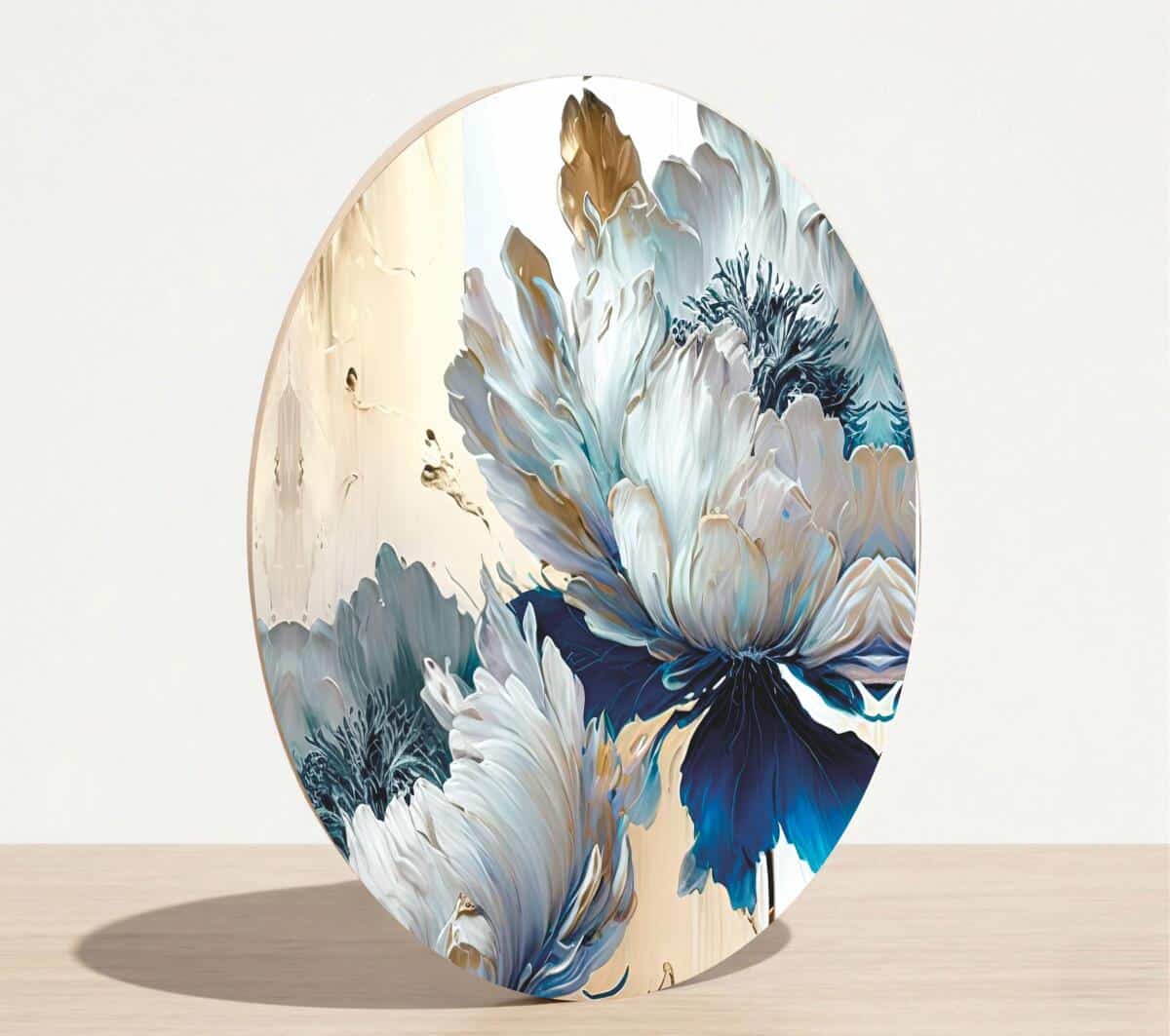 Nowoczesny Obraz na ścianę Koło- Kwiaty w odcieniach błękitu i złota Glamour 82420 - zdjęcie 6