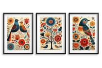 Kolorowe Plakaty Folk- Ptaki i Kwiaty | Tryptyk w stylu rustykalnym 82423 - miniaturka 8