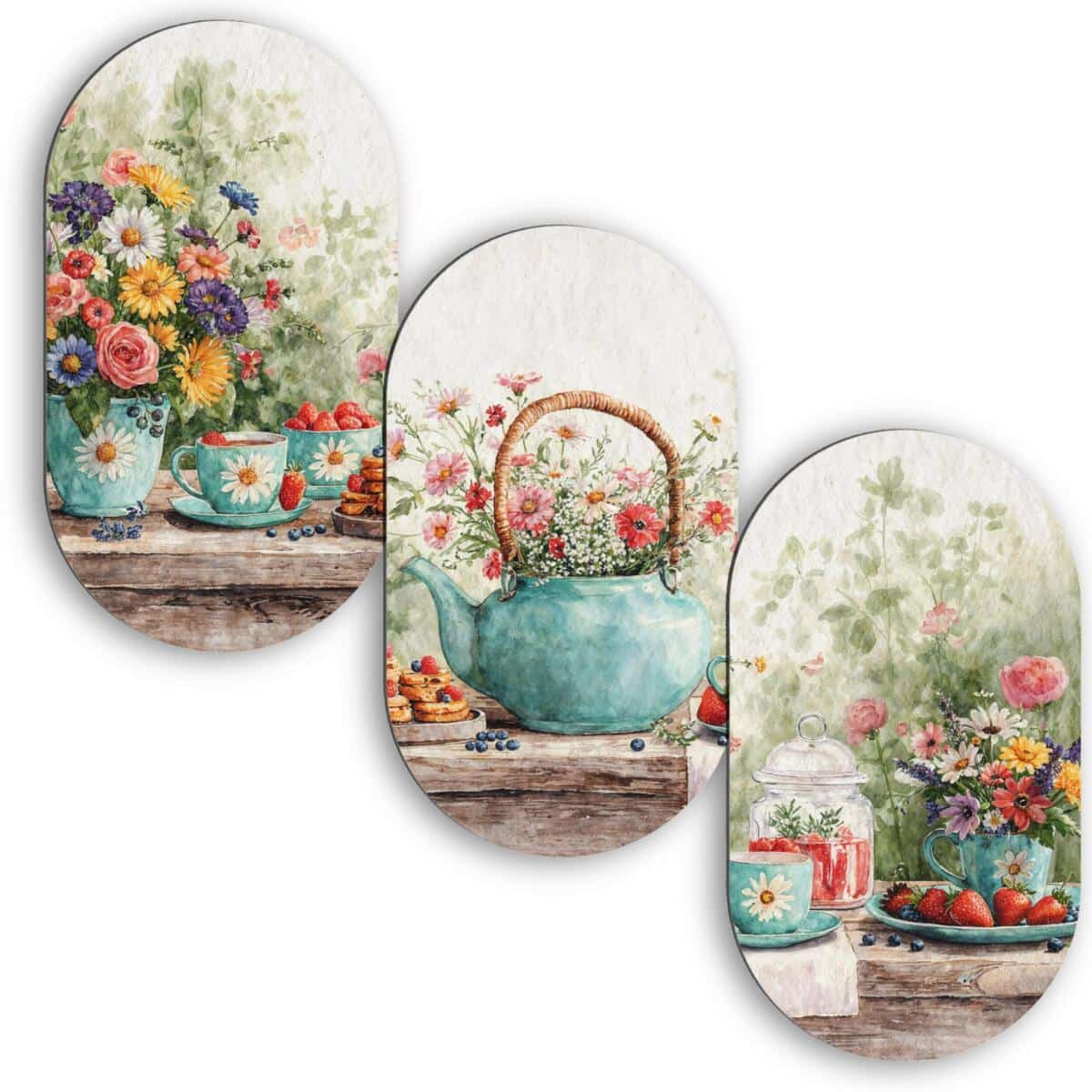 Romantyczny Tryptyk do kuchni | Obrazy Owalne- Kwiaty i Owoce Akwarela 51103