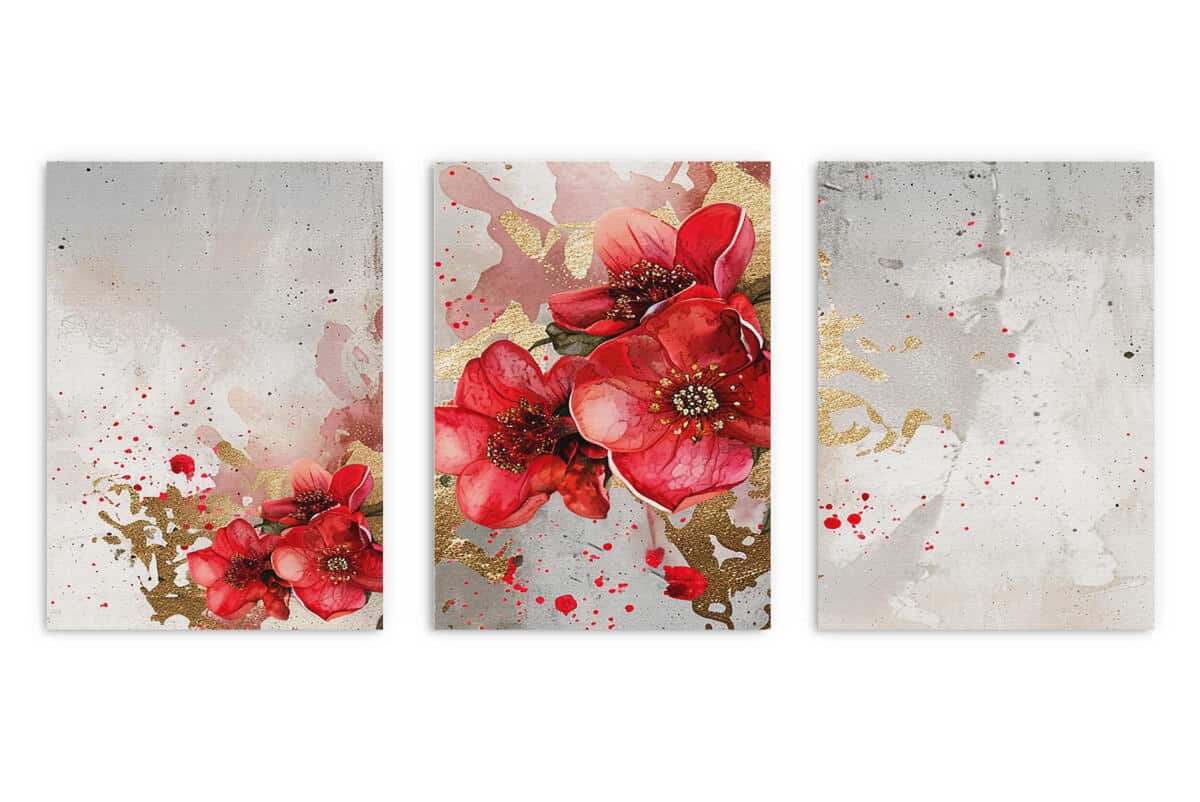 Elegancki Zestaw 3 Plakatów- Czerwone Kwiaty, Maki | Tryptyk Glamour ze złotymi akcentami 42248 - zdjęcie 12