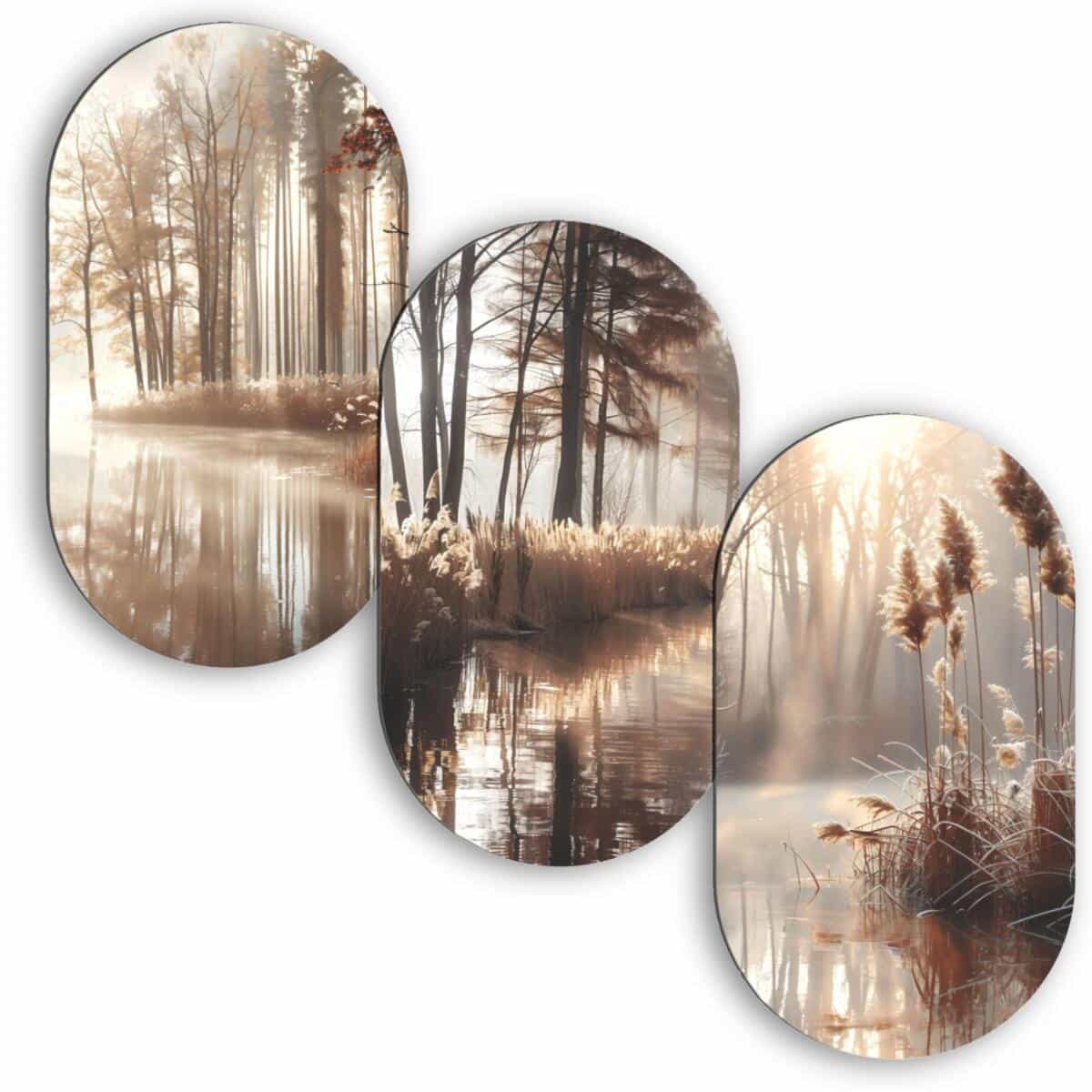 Obrazy Owalne, Tryptyk- Jezioro we mgle | Jesienny las i złote trzciny | Dekoracja ścienna do salonu 82403