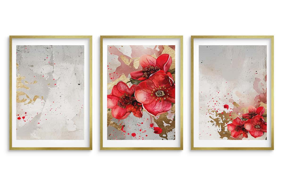 Elegancki Zestaw 3 Plakatów- Czerwone Kwiaty, Maki | Tryptyk Glamour ze złotymi akcentami 42248 - zdjęcie 9