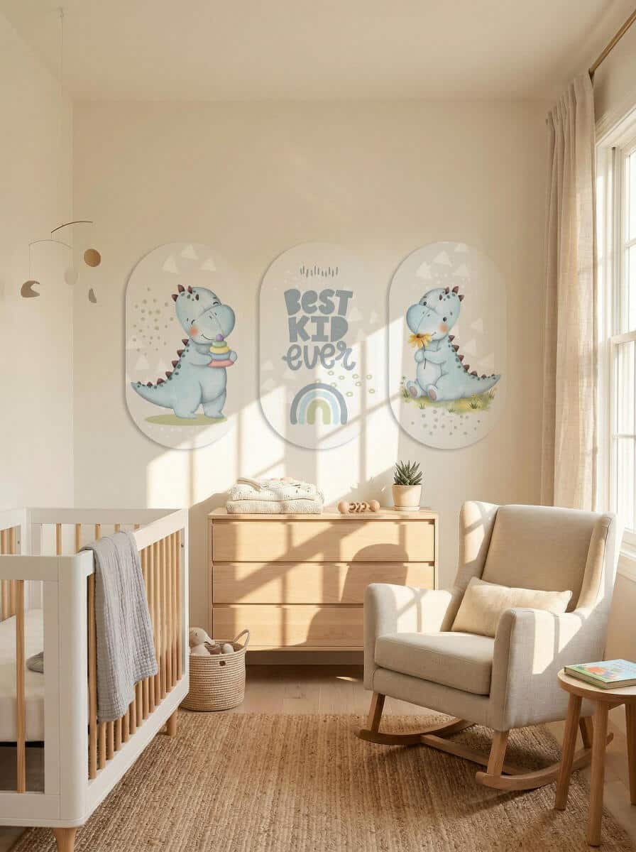 Pastelowe Obrazy Dziecięce- Niebieskie Dinozaury | Zestaw dekoracji do pokoju chłopca 96004 - zdjęcie 3