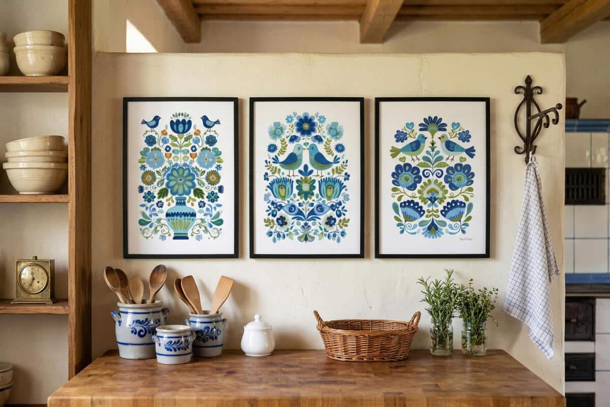 Dekoracyjne Plakaty Ludowe- ptaki i kwiaty | Niebieska ilustracja folk art 82424 - zdjęcie 2