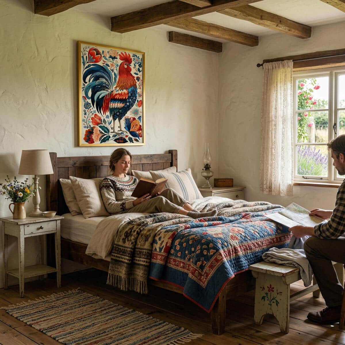 Kolorowy Plakat Folklor - Kogut i kwiaty | Sielska dekoracja, Obraz w stylu wiejskim / cottage 82427 - zdjęcie 3