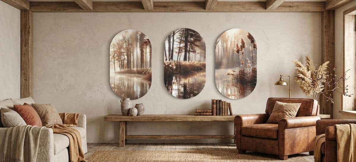 Obrazy Owalne, Tryptyk- Jezioro we mgle | Jesienny las i złote trzciny | Dekoracja ścienna do salonu 82403 - zdjęcie 2