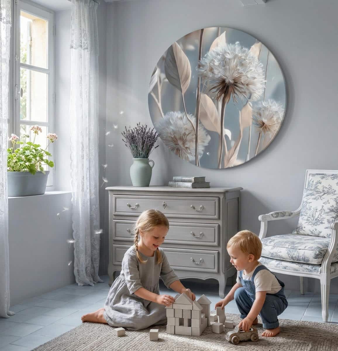 Okrągły Obraz w beżu i błękicie  – Subtelne dmuchawce | Elegancka dekoracja do wnętrz boho 82411 - zdjęcie 3