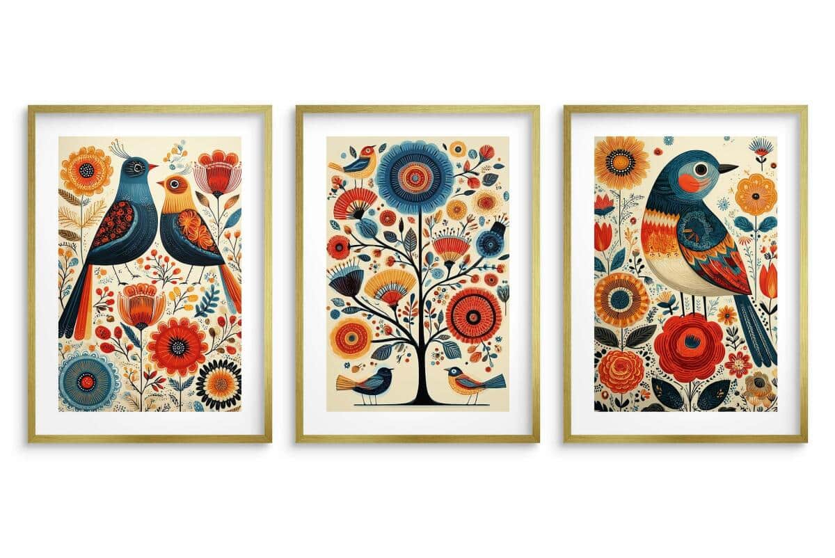 Kolorowe Plakaty Folk- Ptaki i Kwiaty | Tryptyk w stylu rustykalnym 82423 - zdjęcie 7