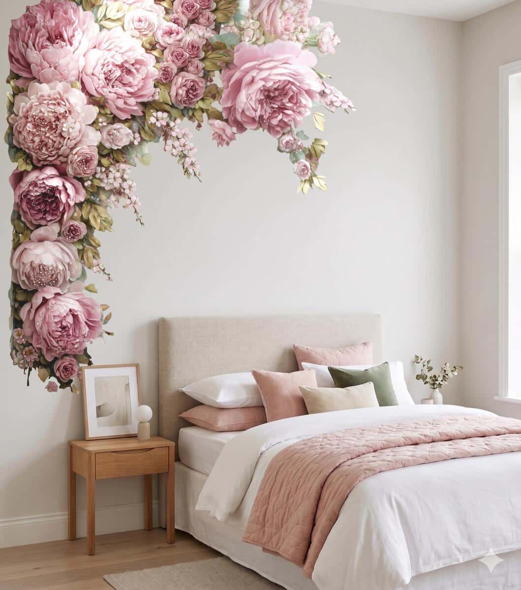 Elegancka Naklejka ścienna - Różowe Piwonie | Romantyczna Dekoracja do sypialni- girlanda T82466 - zdjęcie 5