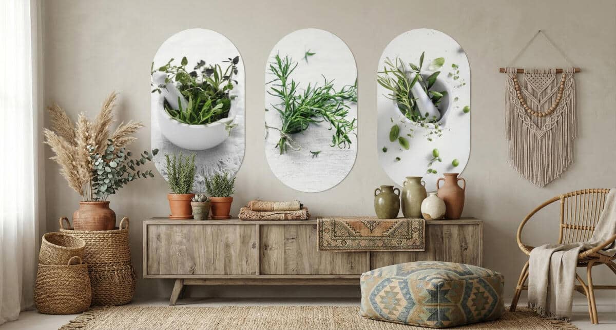 Nowoczesny Tryptyk do Kuchni - Świeże Zioła w Moździerzu | Obrazy Owalne 82402 - zdjęcie 4