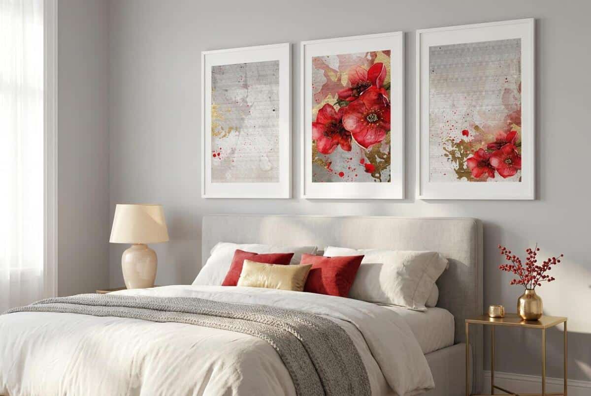 Elegancki Zestaw 3 Plakatów- Czerwone Kwiaty, Maki | Tryptyk Glamour ze złotymi akcentami 42248 - zdjęcie 4
