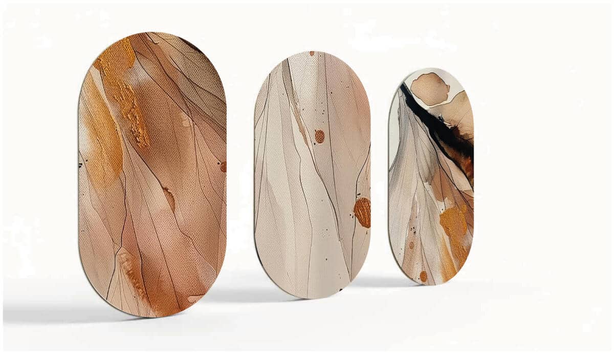 Eleganckie, Owalne Obrazy do Salonu | Beżowo- złota Abstrakcja Fluid Art 42241 - zdjęcie 6