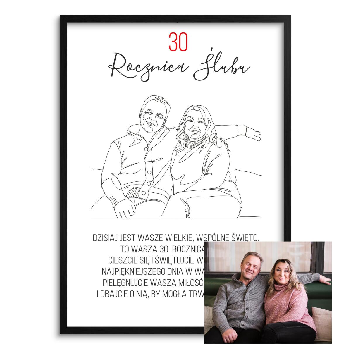 Pamiątka na 30 Lat Małżeństwa- Rysunek ze zdęcia | Prezent na Perłową Rocznicę 82463-30