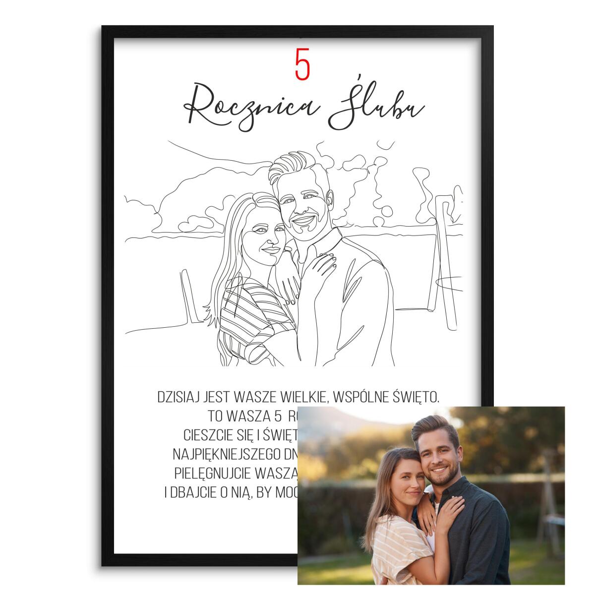 Wyjątkowy Prezent na 5 Rocznicę Ślubu - Portret ze Zdjęcia Line Art | Pamiątka na Drewnianą Rocznicę 82463-5