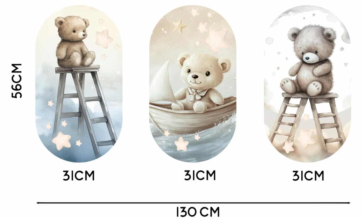 Akwarelowe Misie - Komplet 3 Owalnych Obrazów do pokoju dziecka, niemowlaka 42215 - zdjęcie 2