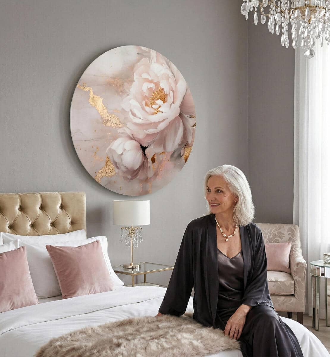 Elegancki Obraz Okrągły – Różowe Kwiaty Piwonii i Złote Akcenty | Styl Glamour 82413 - zdjęcie 3