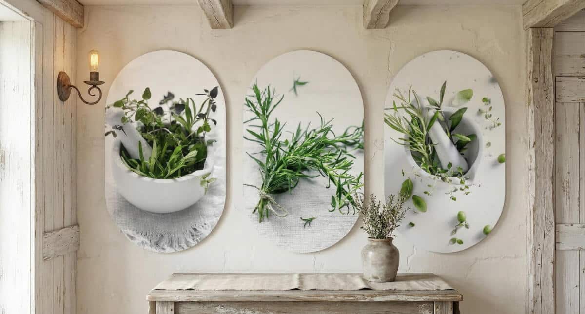 Nowoczesny Tryptyk do Kuchni - Świeże Zioła w Moździerzu | Obrazy Owalne 82402 - zdjęcie 3