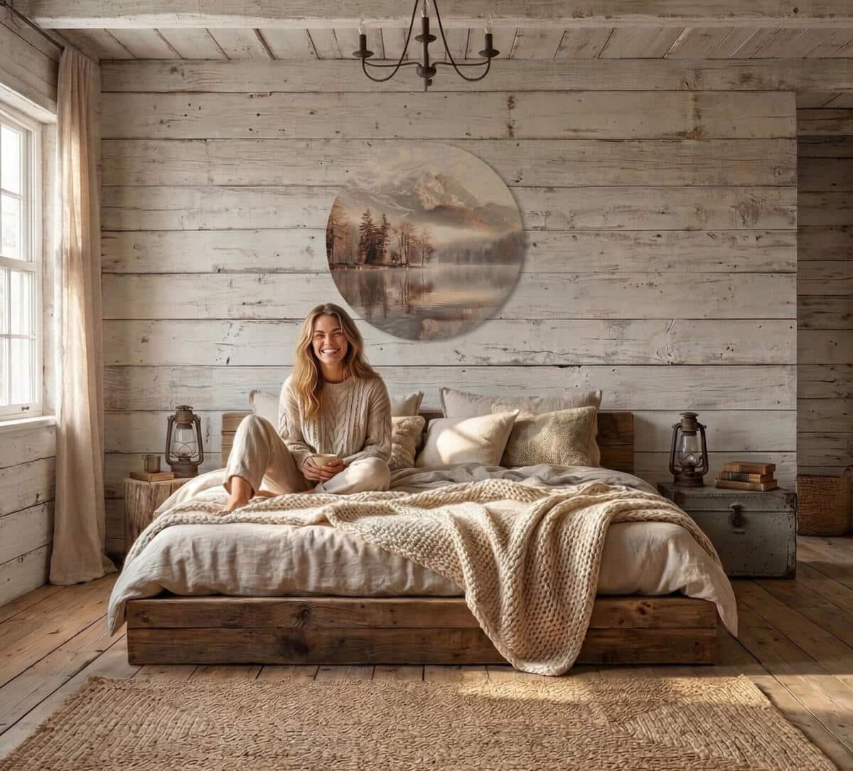 Nowoczesny Obraz Koło- Góry i jezioro w odcieniach beżu i brązu 82414 - zdjęcie 5