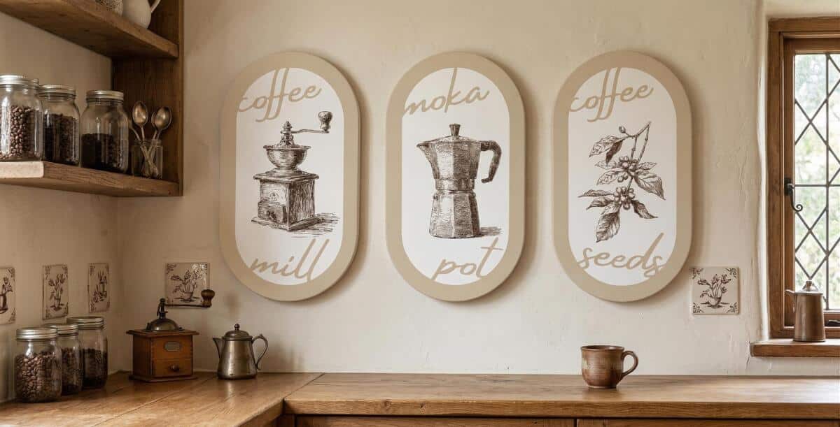 Zestaw 3 obrazów w kształcie elipsy- kawa w stylu retro | Owalne obrazy do kuchni 51101 - zdjęcie 3