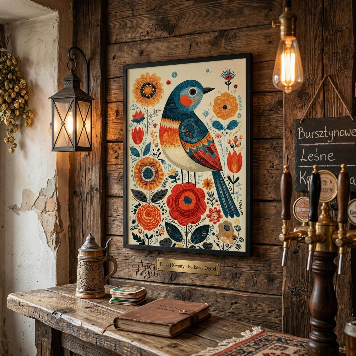 Plakat Ludowy- Kolorowy Ptak i Słoneczniki | Wiejski Styl, Cottage Core 82433 - zdjęcie 3