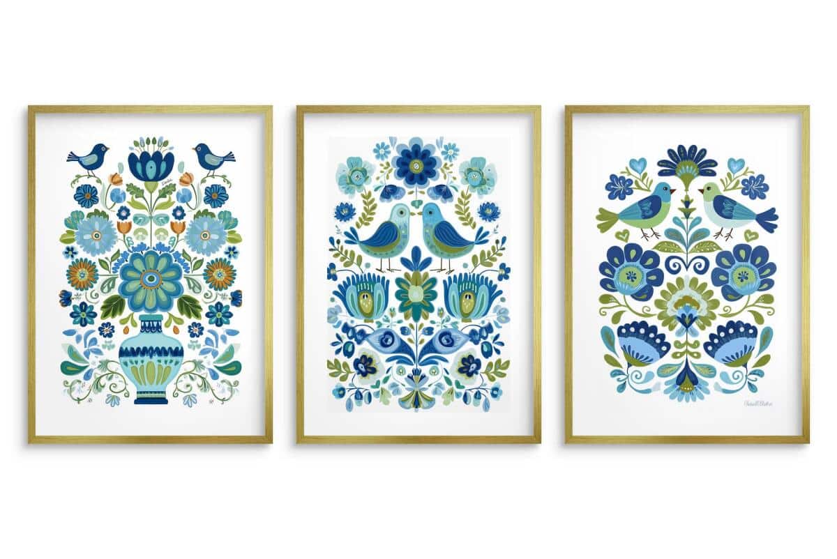 Dekoracyjne Plakaty Ludowe- ptaki i kwiaty | Niebieska ilustracja folk art 82424 - zdjęcie 6