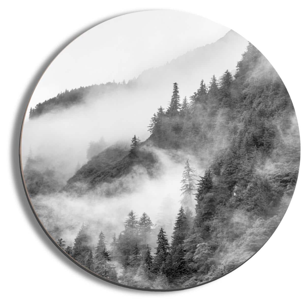Obraz okrągły – Mglisty Las i Góry | Czarno-biały krajobraz Koło 82416