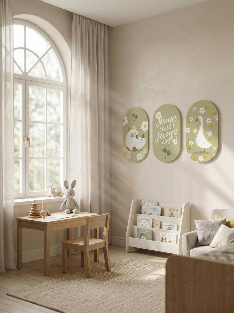 Urocze Obrazy Owalne- Wesołe Gąski | Sielski tryptyk na ścianę do pokoju dziecka 96003 - zdjęcie 3