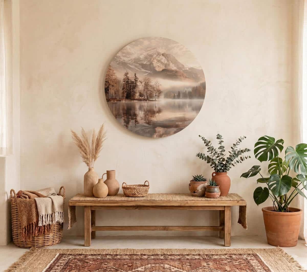 Nowoczesny Obraz Koło- Góry i jezioro w odcieniach beżu i brązu 82414 - zdjęcie 4