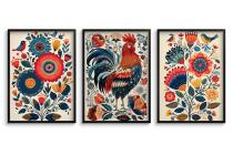 Kolorowe Plakaty folkowe z kogutem | Zestaw w stylu ludowym do jadalni, kuchni 82425 - miniaturka 6