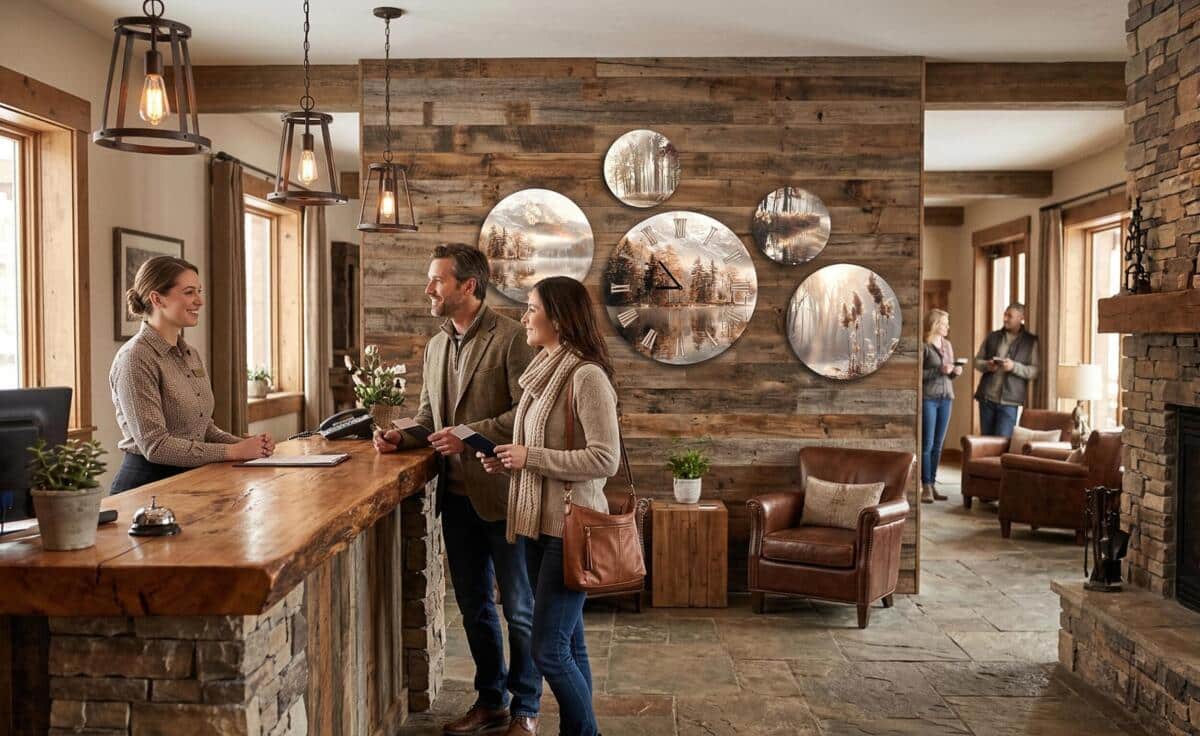 Dekoracyjny Zegar na ścianę, Zestaw Okrągłych Obrazów |  Nastrojowy Pejzaż w brązach i beżach- Jezioro i góry 82437 - zdjęcie 2