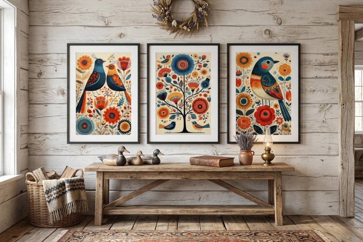 Kolorowe Plakaty Folk- Ptaki i Kwiaty | Tryptyk w stylu rustykalnym 82423 - zdjęcie 4