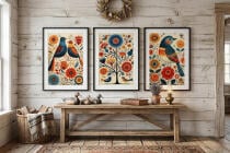 Kolorowe Plakaty Folk- Ptaki i Kwiaty | Tryptyk w stylu rustykalnym 82423 - miniaturka 4