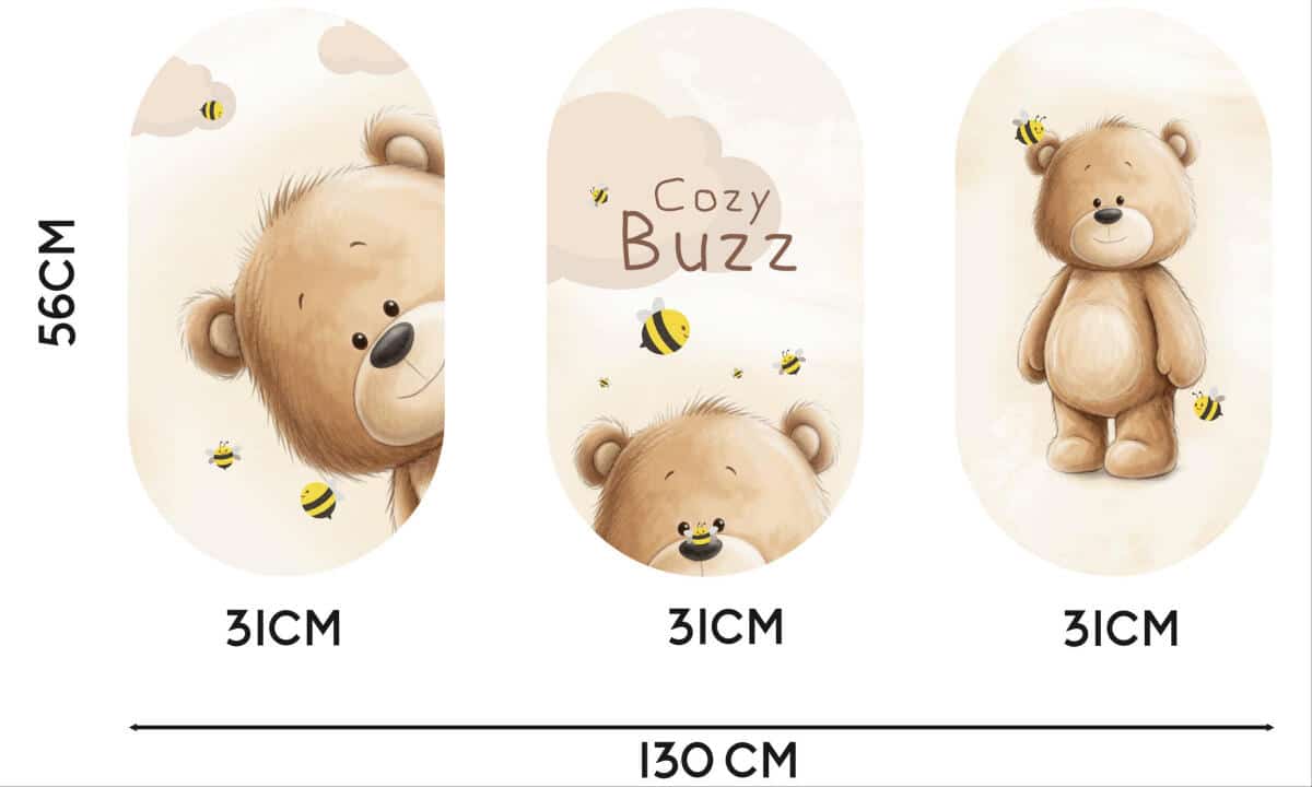 Obrazy owalne na ścianę- Uroczy Miś i Pszczółki | Zestaw 3 obrazów do pokoju dziecka 96001 - zdjęcie 2