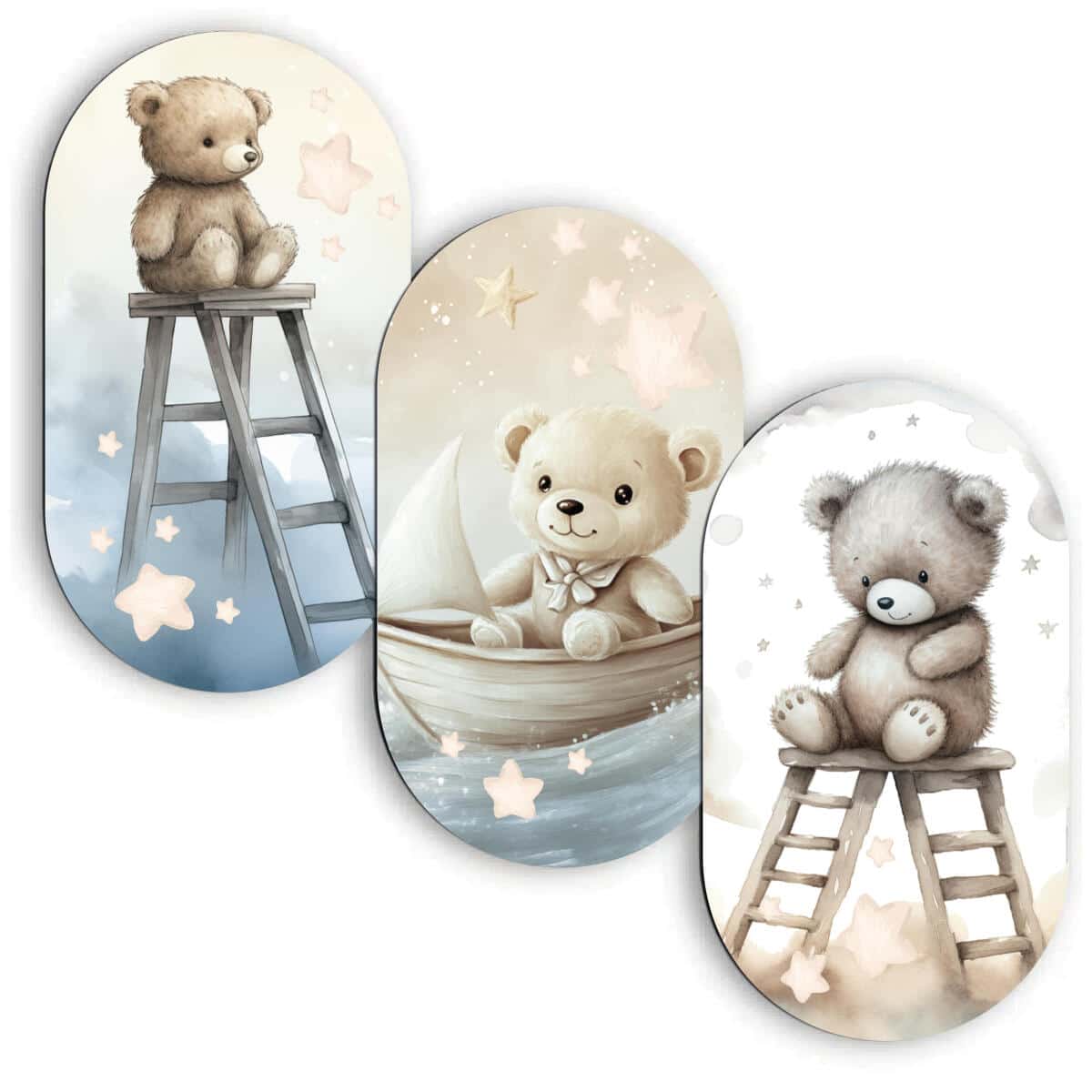 Akwarelowe Misie - Komplet 3 Owalnych Obrazów do pokoju dziecka, niemowlaka 42215