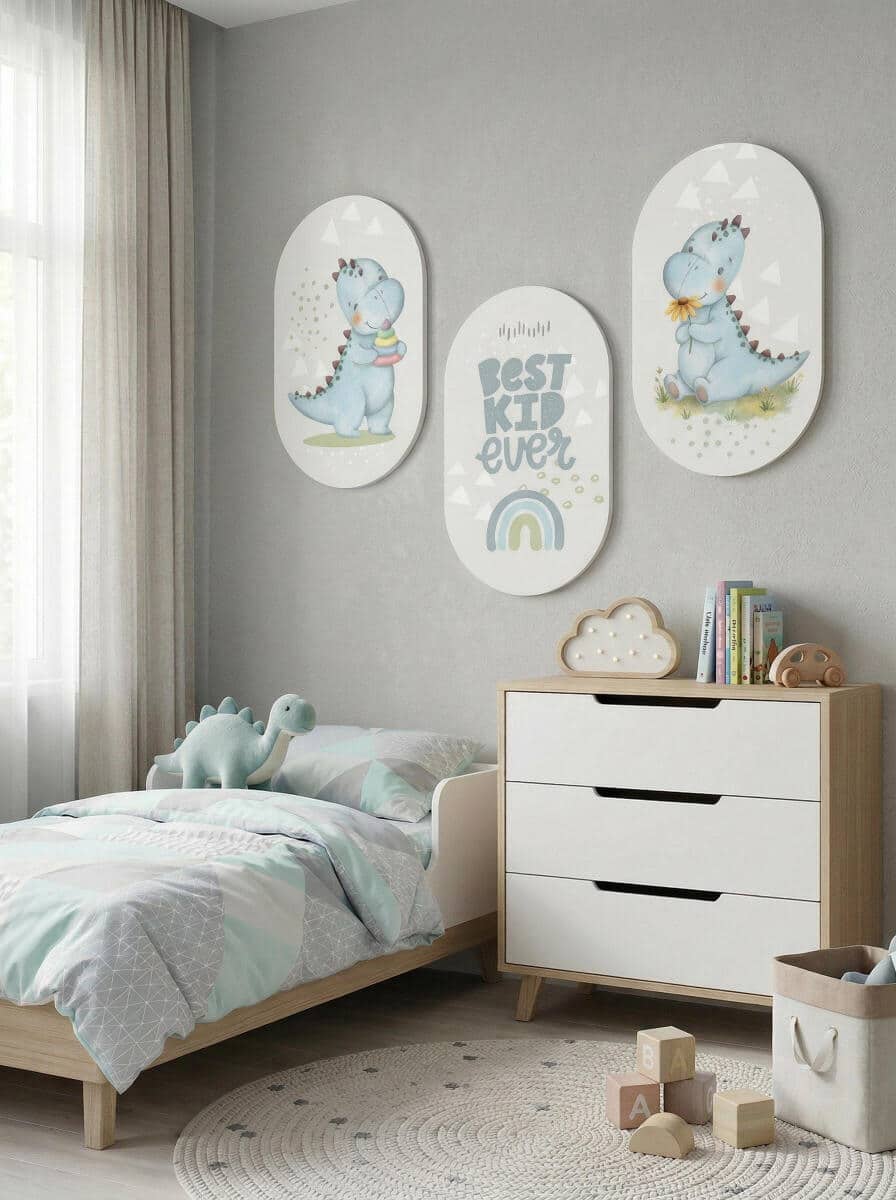 Pastelowe Obrazy Dziecięce- Niebieskie Dinozaury | Zestaw dekoracji do pokoju chłopca 96004 - zdjęcie 4