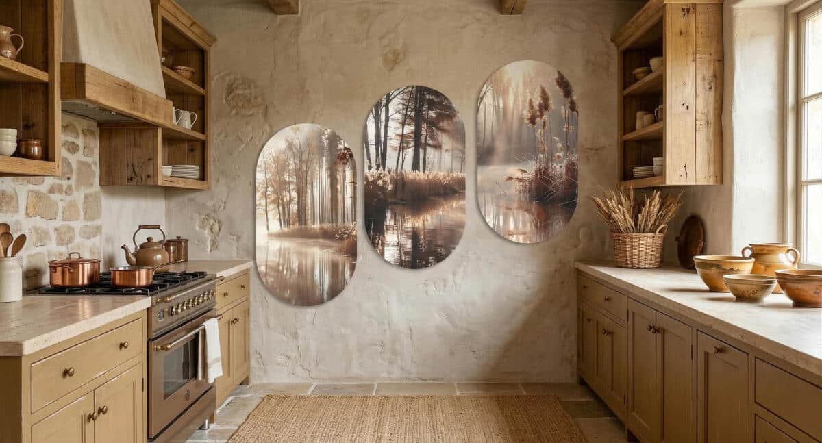 Obrazy Owalne, Tryptyk- Jezioro we mgle | Jesienny las i złote trzciny | Dekoracja ścienna do salonu 82403 - zdjęcie 5