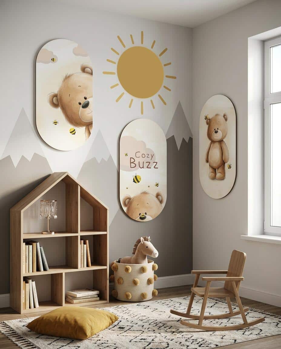 Obrazy owalne na ścianę- Uroczy Miś i Pszczółki | Zestaw 3 obrazów do pokoju dziecka 96001 - zdjęcie 5