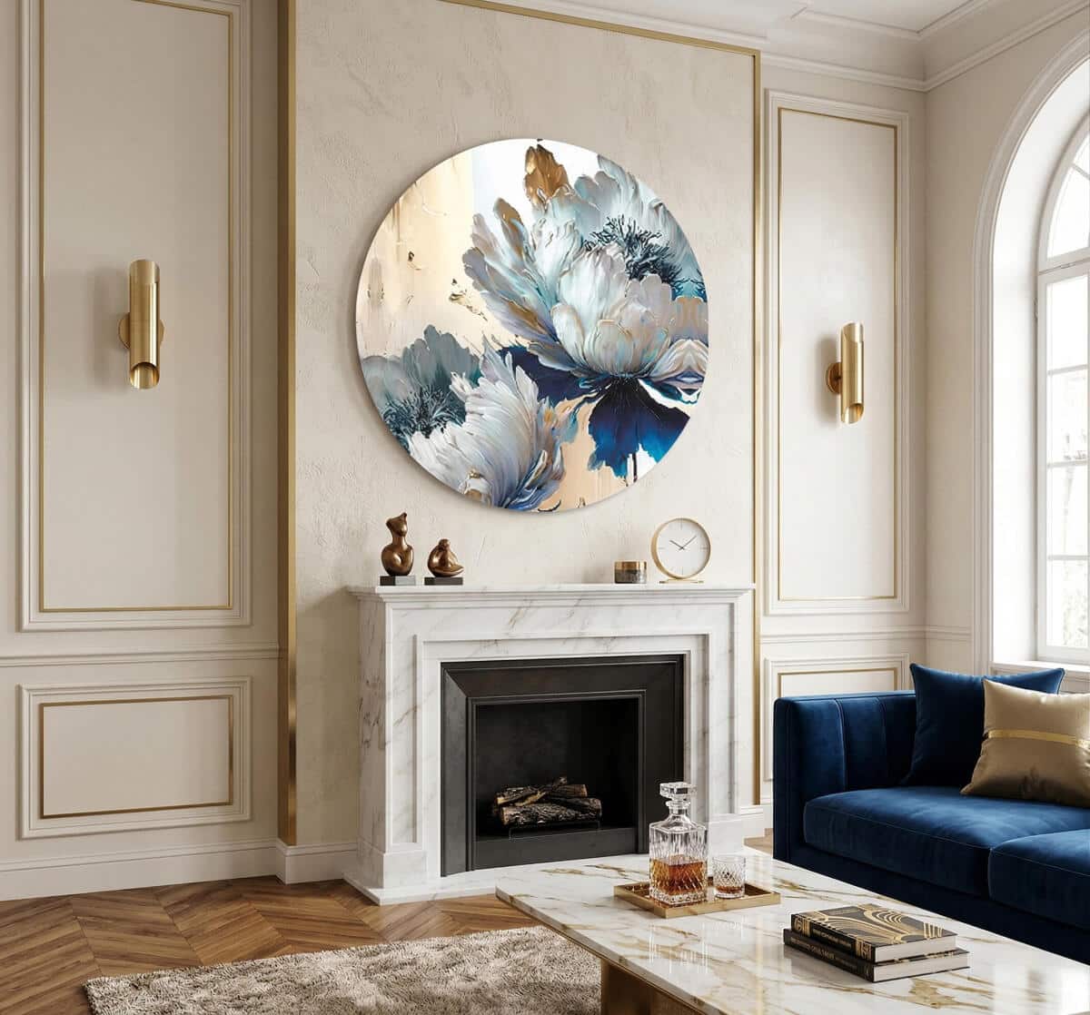 Nowoczesny Obraz na ścianę Koło- Kwiaty w odcieniach błękitu i złota Glamour 82420 - zdjęcie 5