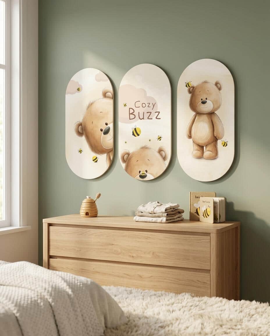 Obrazy owalne na ścianę- Uroczy Miś i Pszczółki | Zestaw 3 obrazów do pokoju dziecka 96001 - zdjęcie 6