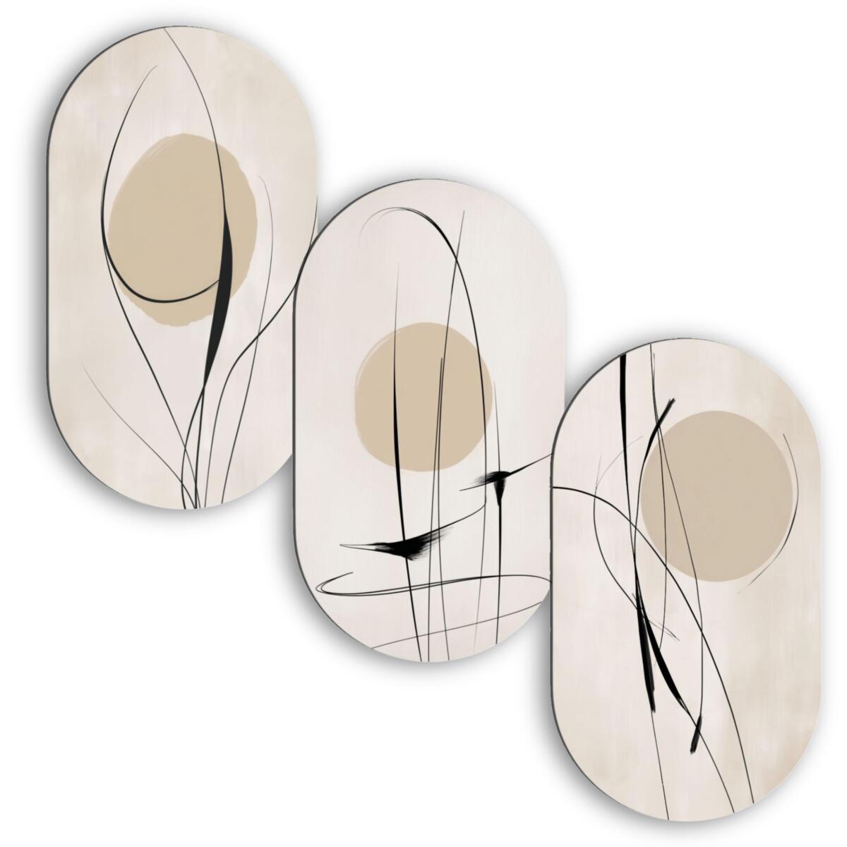Abstrakcyjny Tryptyk- Beżowe Obrazy Elipsy w stylu Line Art 82409