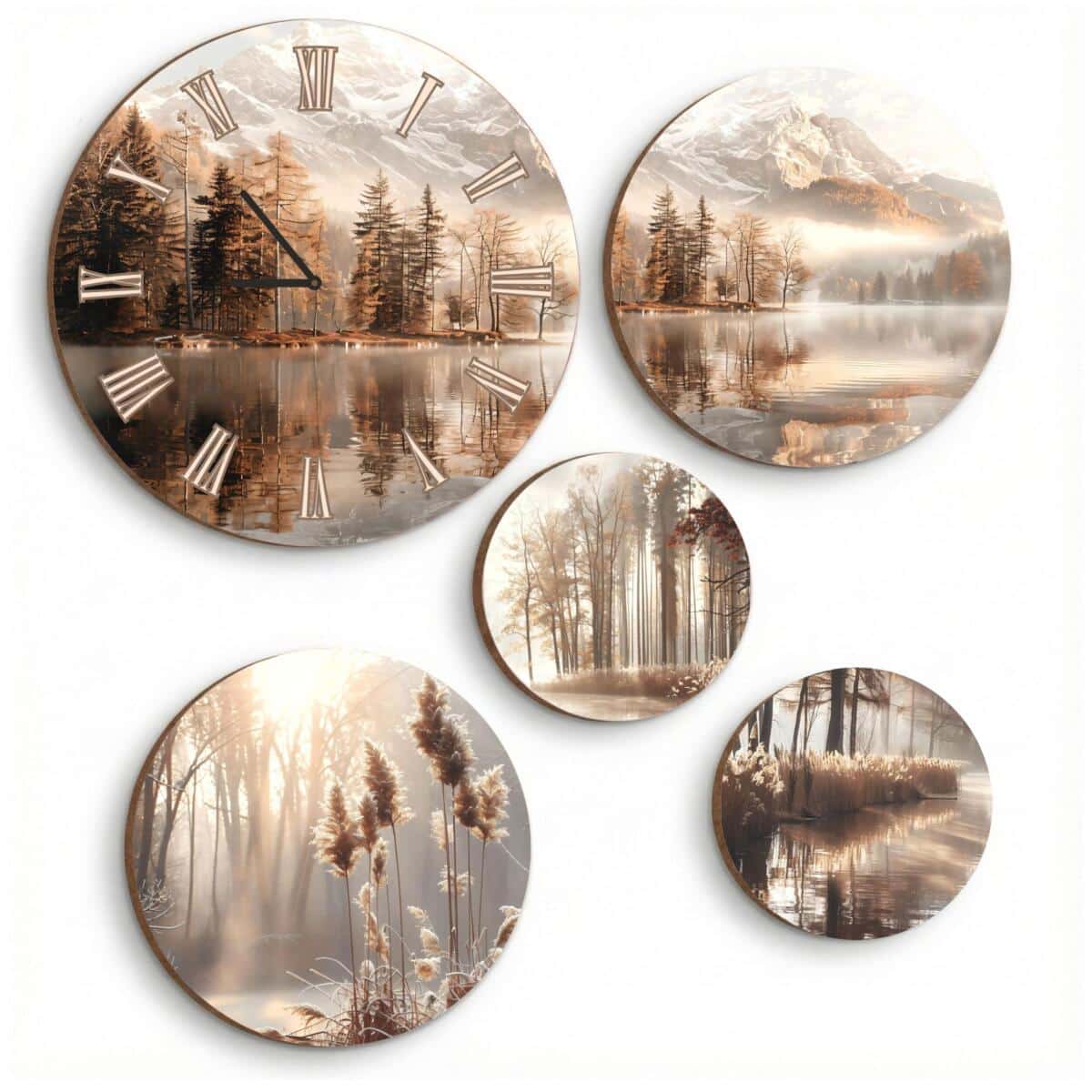 Dekoracyjny Zegar na ścianę, Zestaw Okrągłych Obrazów |  Nastrojowy Pejzaż w brązach i beżach- Jezioro i góry 82437