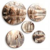 Dekoracyjny Zegar na ścianę, Zestaw Okrągłych Obrazów |  Nastrojowy Pejzaż w brązach i beżach- Jezioro i góry 82437 - miniaturka 1