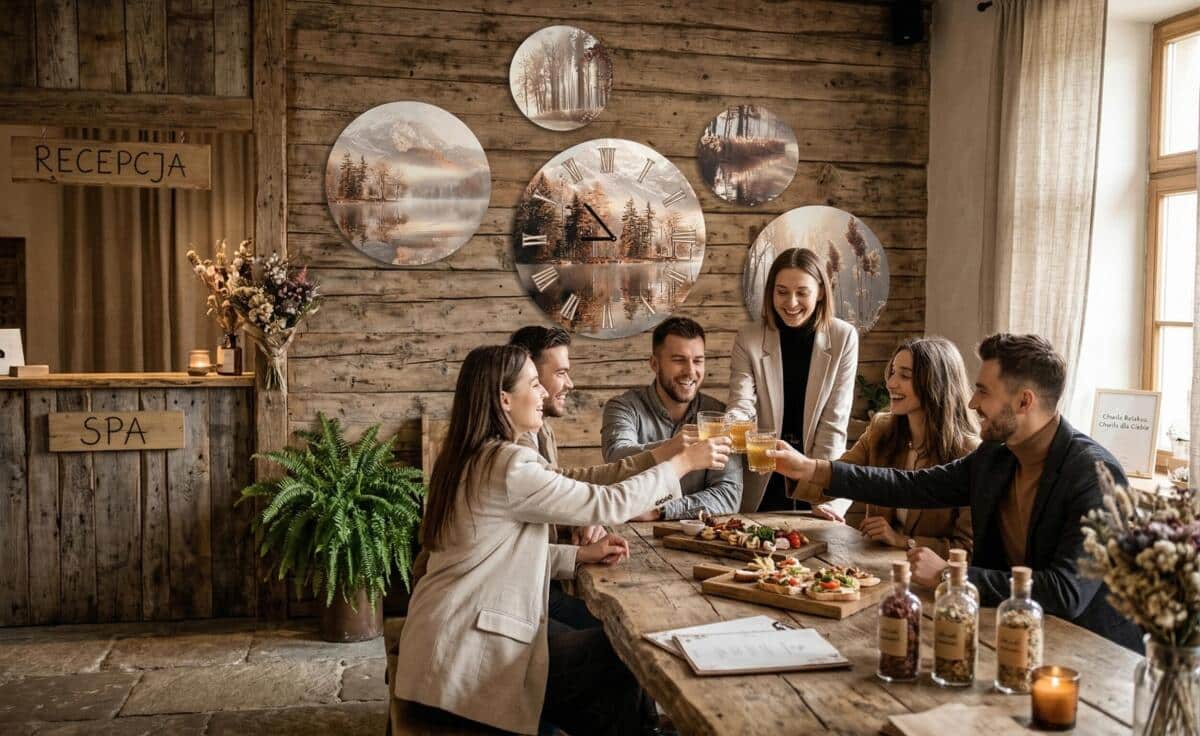 Dekoracyjny Zegar na ścianę, Zestaw Okrągłych Obrazów |  Nastrojowy Pejzaż w brązach i beżach- Jezioro i góry 82437 - zdjęcie 5