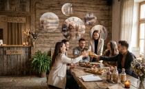 Dekoracyjny Zegar na ścianę, Zestaw Okrągłych Obrazów |  Nastrojowy Pejzaż w brązach i beżach- Jezioro i góry 82437 - miniaturka 5