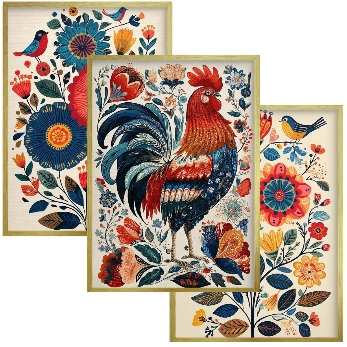 Kolorowe Plakaty folkowe z kogutem | Zestaw w stylu ludowym do jadalni, kuchni 82425